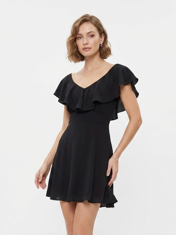 She + Sky, Black Ruffle Off-Shoulder Mini Dress - M